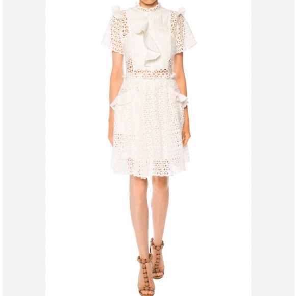 Self-Portrait Dresses & Skirts - Self-Portrait White Eyelet Ruffle Detail Short Sleeve Dress Size 8